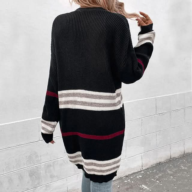 Bequeme gestreifte Strickjacke mit offener Vorderseite für Frauen