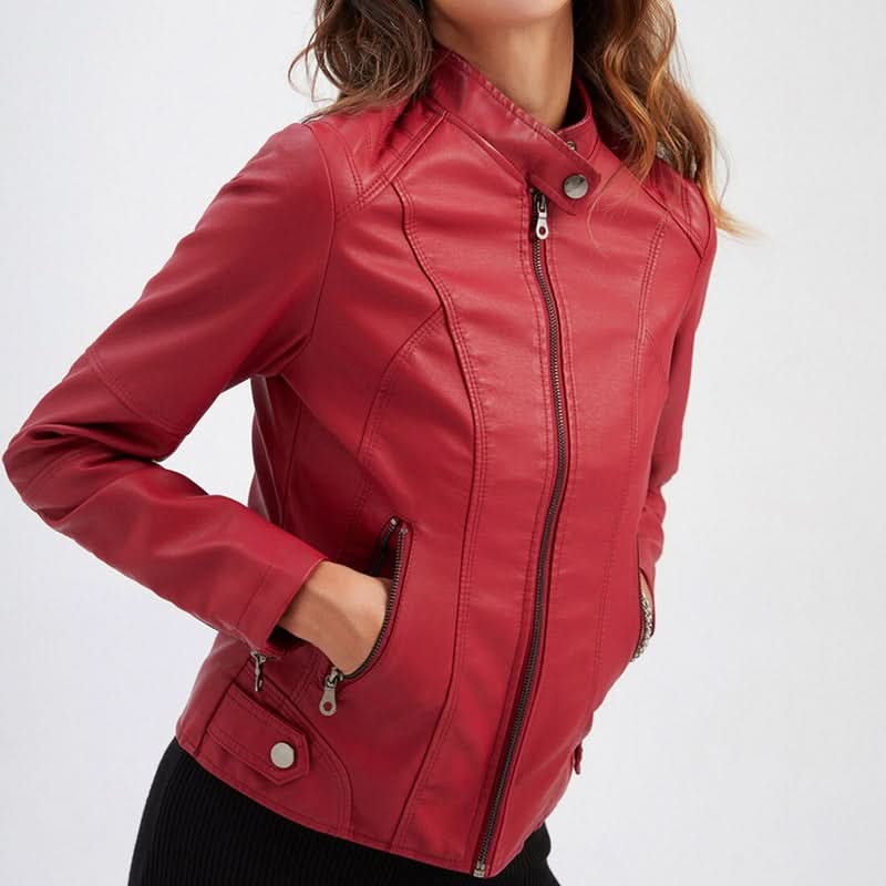 Hochwertige Lederjacke mit Reißverschlusstasche für Damen