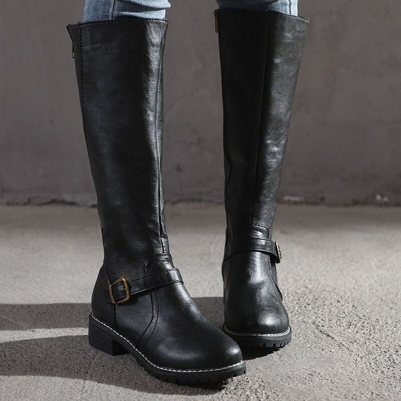 Luna – Stylische lange kniehohe Stiefel aus Leder mit Schnallenreißverschlüssen