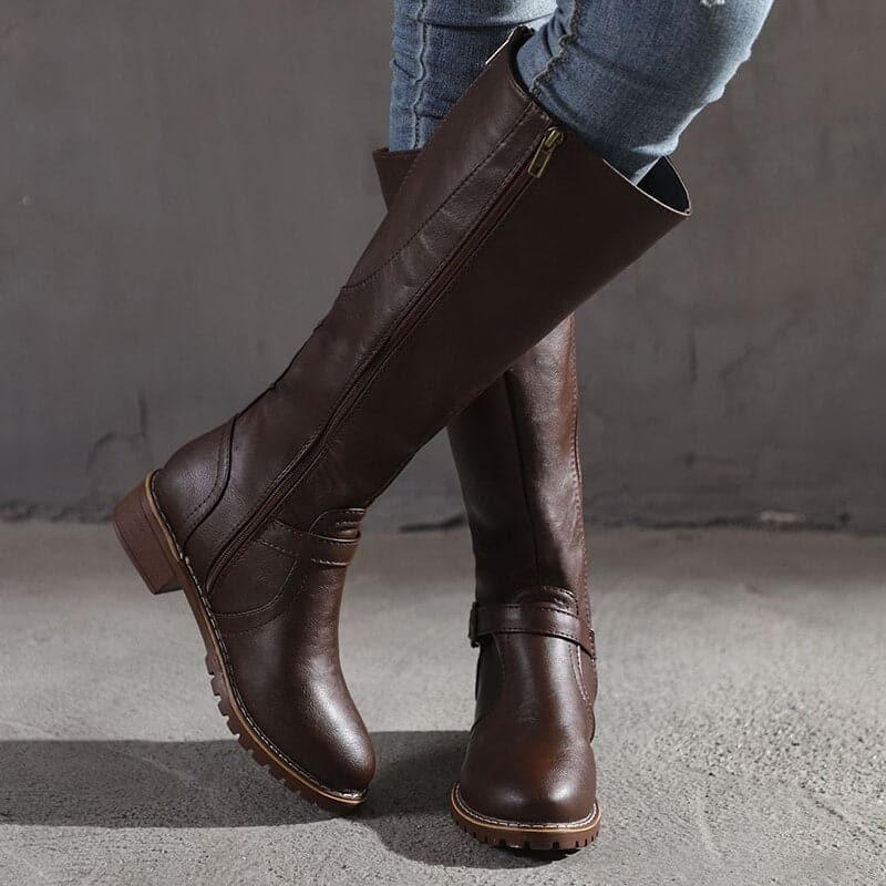 Luna – Stylische lange kniehohe Stiefel aus Leder mit Schnallenreißverschlüssen