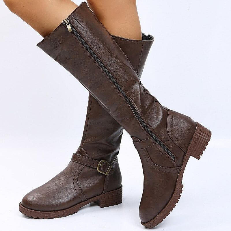 Luna – Stylische lange kniehohe Stiefel aus Leder mit Schnallenreißverschlüssen