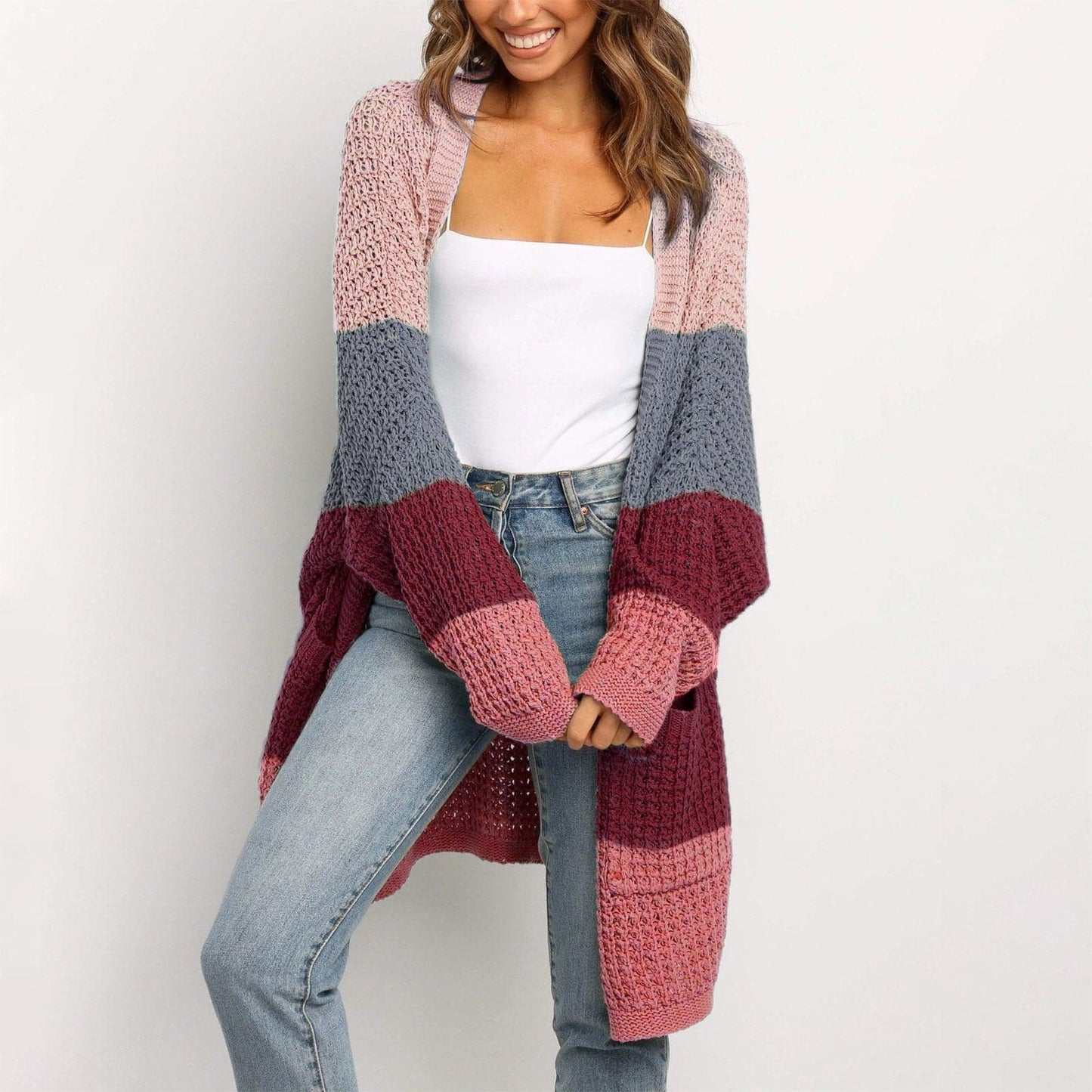 Tabea - Mehrfarbige weiche Strickjacke mit Seitentaschen