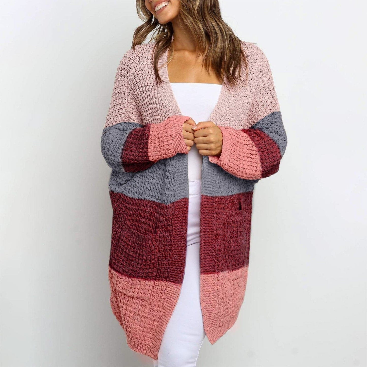 Tabea - Mehrfarbige weiche Strickjacke mit Seitentaschen