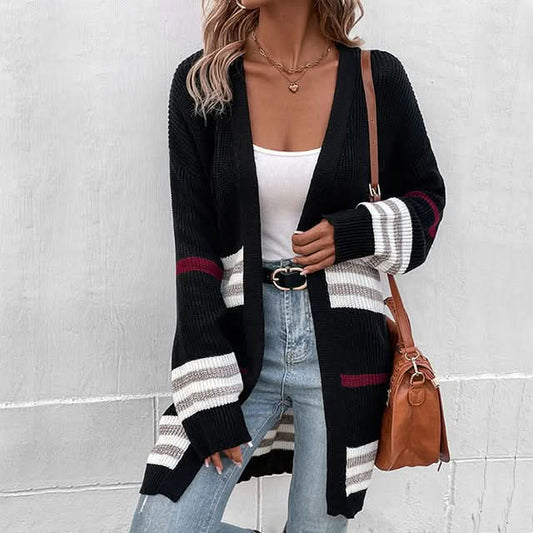 Bequeme gestreifte Strickjacke mit offener Vorderseite für Frauen