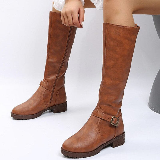 Luna – Stylische lange kniehohe Stiefel aus Leder mit Schnallenreißverschlüssen